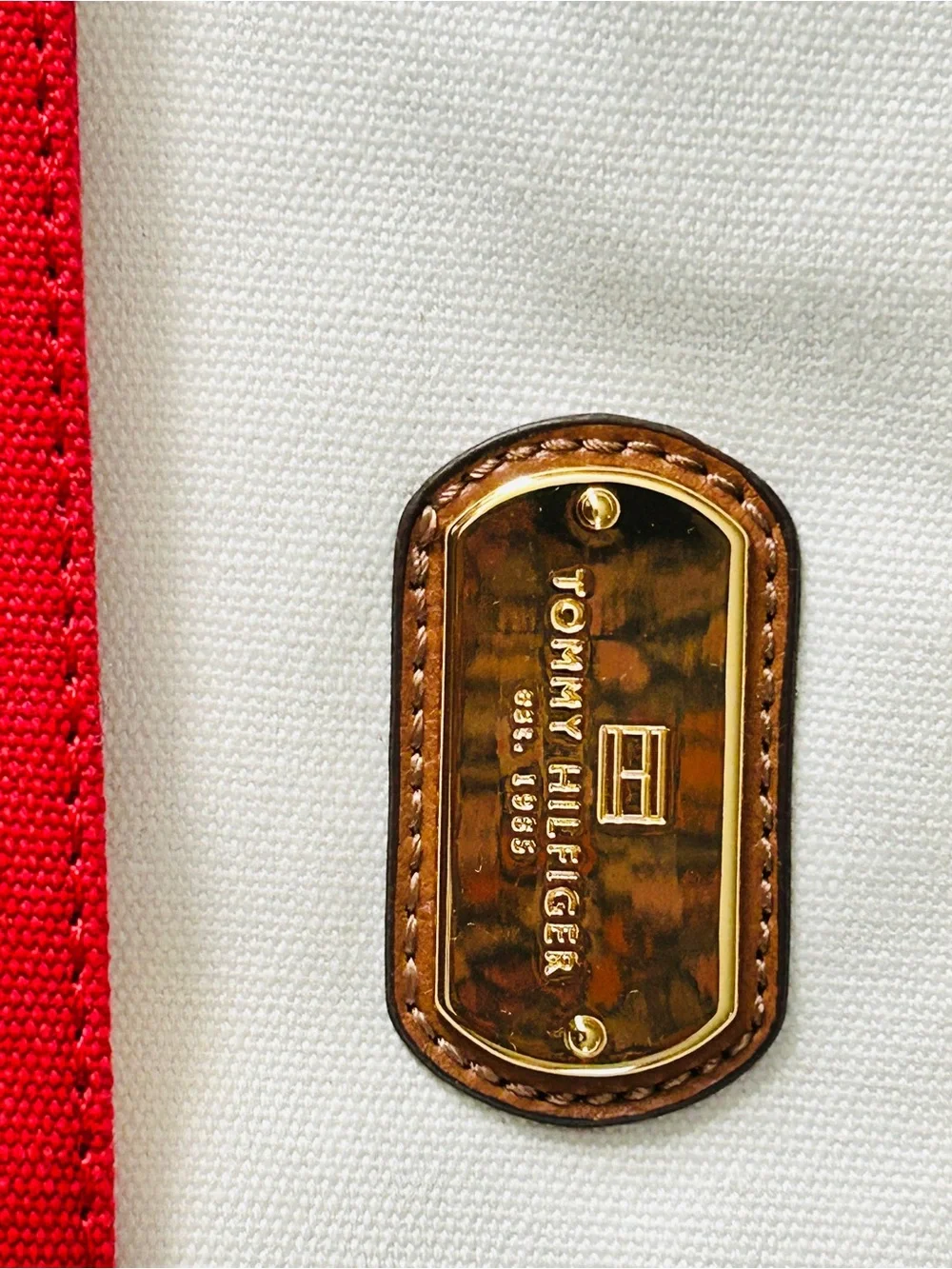 Tommy Hilfiger Red and White Canvas Tote with Tan Straps
